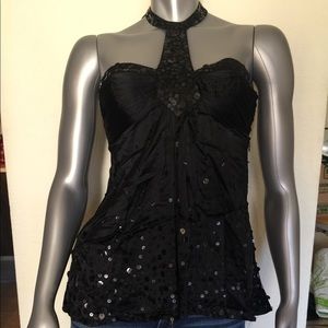 Black satin and sequin halter top